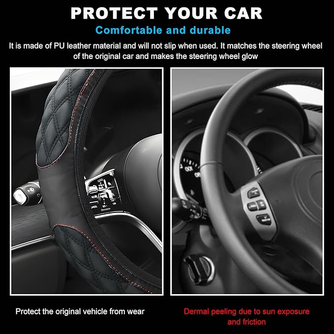 Car Steering Wheel Cover, 15 Inches Non-Slip Leather Car Steering Wheel Protector, Universal Steering Wheel Soft Cover Mats for Car Truck SUV, Interior Car Accessories (Black)