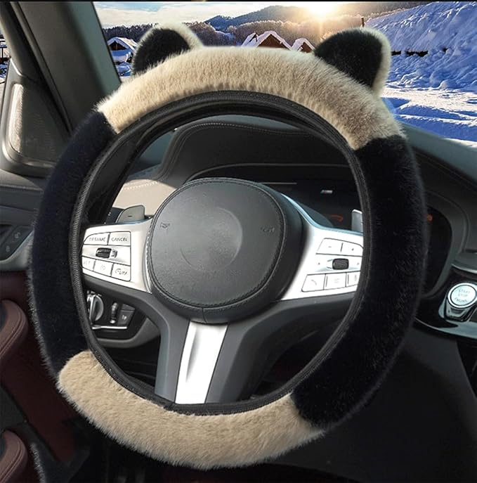 Car Steering Wheel Cover with Cat Ears Winter Warm Fuzzy Steering Wheel Protector Car Accessories Interior Decorations (Black+Beige)