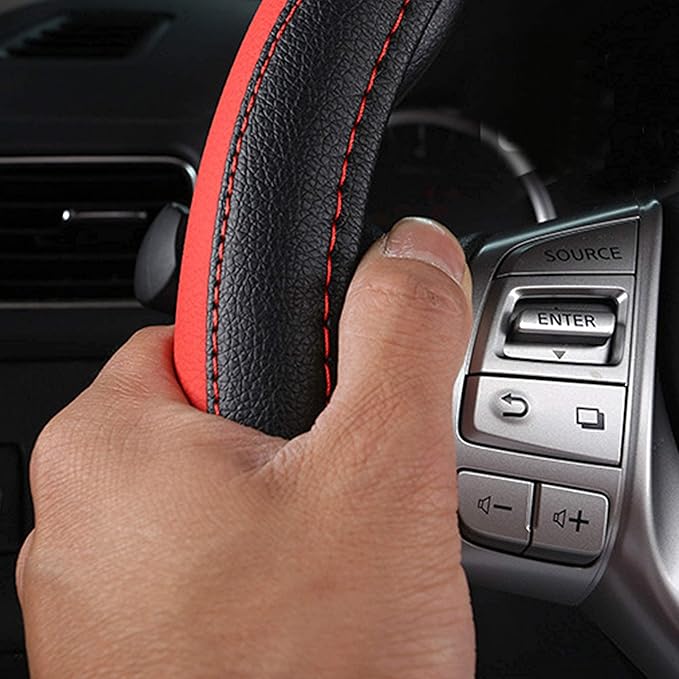Leather Car Steering Wheel Cover, Non-Slip Car Wheel Cover Protector Breathable Microfiber Leather Universal Fit for Most Cars (Black & Red)