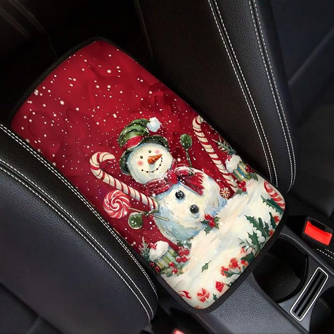 Horeset Christmas Snowman Candy Cane Universal Fit Auto Center Console Arm Rest Pad Car Armrest Seat Box Protection Fit SUV Sedan Truck