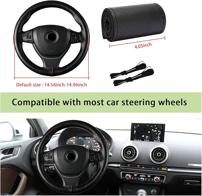 Kewucn Genuine Leather Steering Wheel Cover, 15" Universal Car Steering Wheel Protector with Needle Thread, Breathable Anti-Slip Steering Wheel Cover DIY Stitch on Wrap (Black, Full Hole)