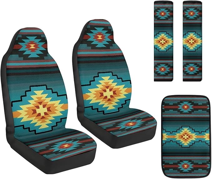 FUSURIRE Abstract Geometry Print Car Seat Cover Set with Center Console Armrest Covers Cushion and Seat Belt Shoulder Straps Pad 5pcs PU Car Accessories for Truck Sedan SUV