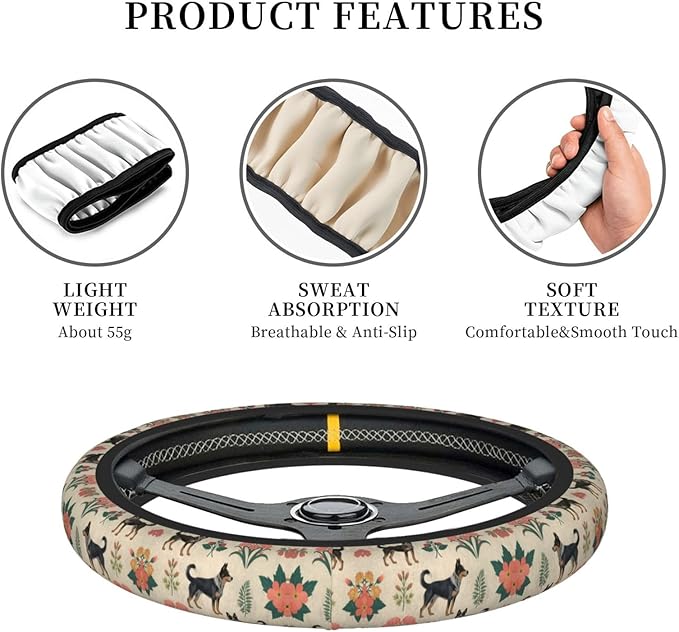 Australian Cattle Dog Florals Universal Fit Steering Wheel Cover for Car, Truck, and SUV, Durable Steering Wheel Protection
