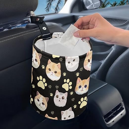 Cat Car Trash Bag Waste Basket with Adjustable Buttons Collapsible Car Storage Bag Multipurpose Road Trip Essentials for Outdoor Activities