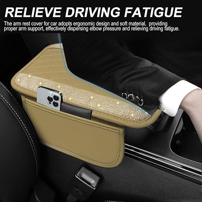 NBTEPEM Bling Beige Car Center Console Cover, Leather Car Arm Rest Cover with 2 Storage Bags, Universal Auto Armrest Protector Storage Box, Bling Accessories Interior for Most Vehicles