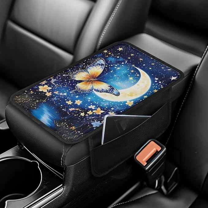 BIGCARJOB Moon Butterfly Center Console Cover for Cars Truck Interior Seat Accessories,Blue Butterfly Print Car Armrest Seat Box Cover Cushion with Side Storage,Universal Fit
