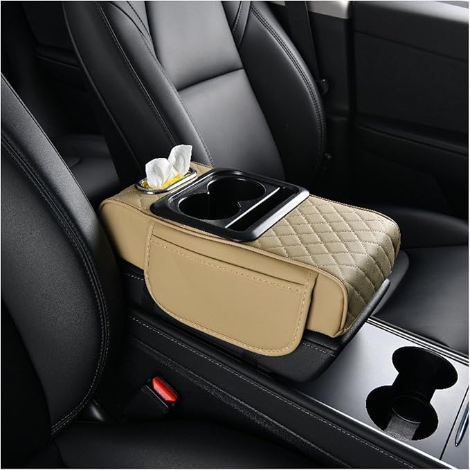 Car Armrest Storage Box for Lincoln Nautilus 2019-2024, Center Console Organizer with Side Pocket, Ergonomic Memory Foam Armrest Cushion, Car Elbow Support Pad,E Beige
