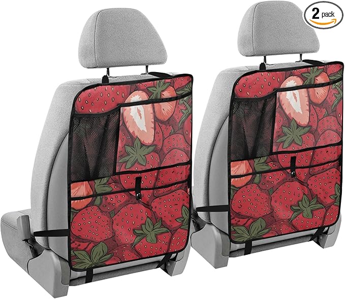 2 Pack Back Seat Car Organizer with Storage Pockets Kick Mats Back Seat Protector Hanging Car Organizer Automotive Seat Back Cover Organizers Cartoon Red Strawberry