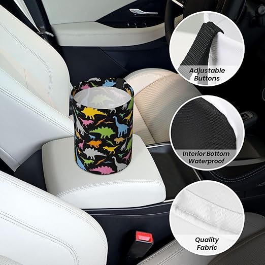 KXWQTRDD Car Garbage Bag Colorful Dinosaurs Mini Car Trash Bin Portable Collapsible Waterproof Rubbish Bag for Car Accessories Back Front Seat Cup Holder