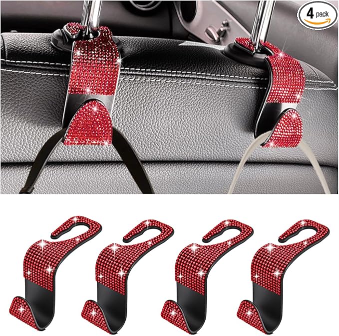 Bling Car Seat Headrest Hooks, 4PCS Crystal Rhinestone Vehicle Back Seat Hanger Holder for Handbags Purses Coats, Automotive Headrest Storage Organizer, Universal for RV SUV Truck (Red)