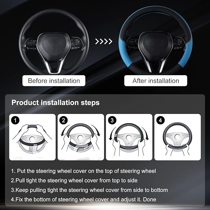 Auto Car Genuine Leather Steering Wheel Cover Anti Slip Wrap 15" (Blue)