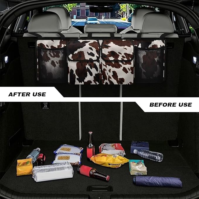 SEANATIVE Black Cow Pattern Car Trunk Organizer and Storage, Large Capacity Backseat Hanging Storage Car Accessories, Collapsible Backseat Car Organizer for SUV/MPV/Truck