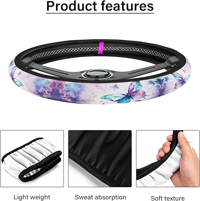 Purple FlowerSteering Wheel Cover Neoprene Material Most Cars Men&Women Universal 15 inch Premium Non-Slip Spring Steering Wheel Protector Floral Cute Car Accessories