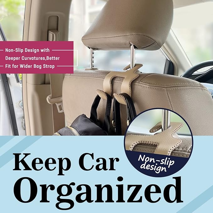 TISOHUGO Upgraded Headrest Hooks for Purses and Bags, 2 in 1 Car Back Seat Head Rest Hanger Matching Cars Interior Genuine Leather Vehicle Storage Holder Hook, 2 Pack, Beige
