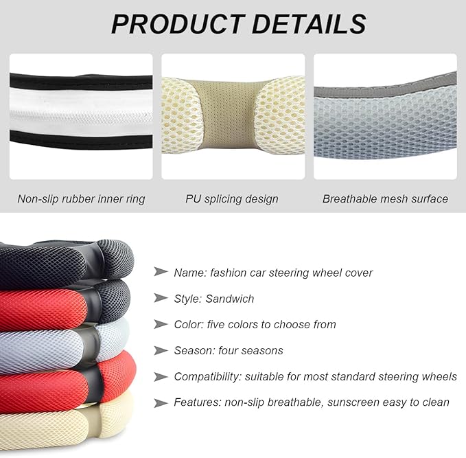 Car Steering Wheel Cover, 15" Anti-Slip Steering Wheel Protector Soft Hand Pad Cushion, Breathable Ice Silk Auto Wheel Wraps Comfy Grip All-Season Protector for Most Vehicles (Beige)
