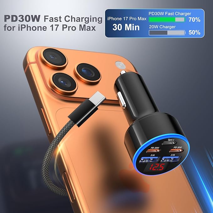 USB C Car Charger, OKRAY 2Pack 90W 5-Port PD30W Super Fast Charging Type C Car Charger 12v Cigarette Lighter Adapter + 4Pack USB-C Cords for iPhone 17 16e 16 15 14 Pro, iPad Air, Galaxy S25 S24 A16