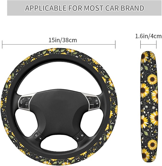 Swono Sunflower Steering Wheel Cover Cartoon Sunflower and Bee On The Black Anti-Slip Car Wheel Wrap Compatible with Most Auto Cars Trucks with 15 Inch Steering Wheels