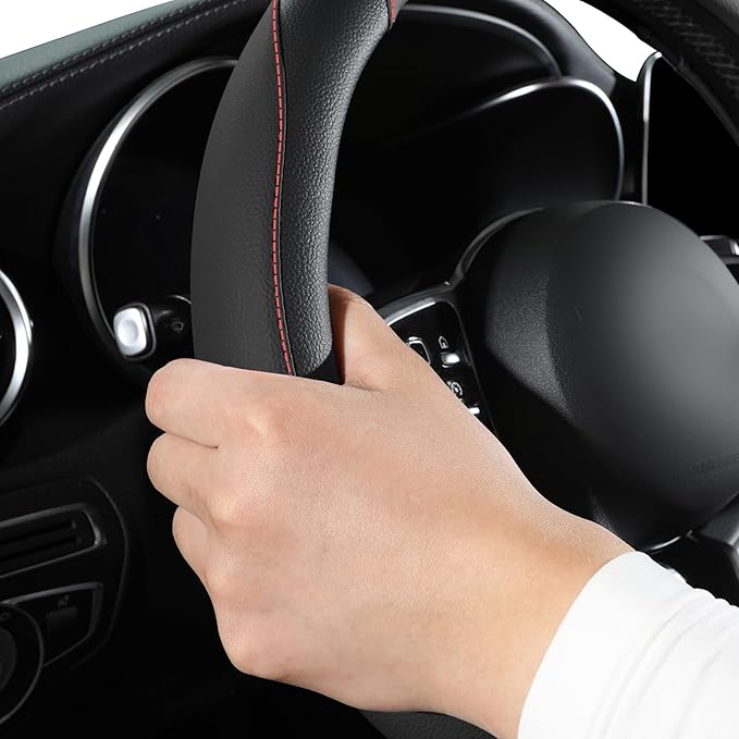 Car Steering Wheel Cover, Microfiber Leather Steering Wheel Cover Universal Fit 14.5-15 inch Anti-Slip Comfortable Breathable Car Wheel Protector for Men Women,Black