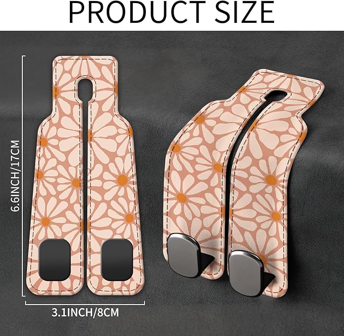 AXBSAKDI Car Seat Back Storage Headrest Hook, Premium Leather Double Metal Hook, Hanger Storage Organizer for Purse Cloth Bag, Car Interior Accessories Cute Boho Flowers