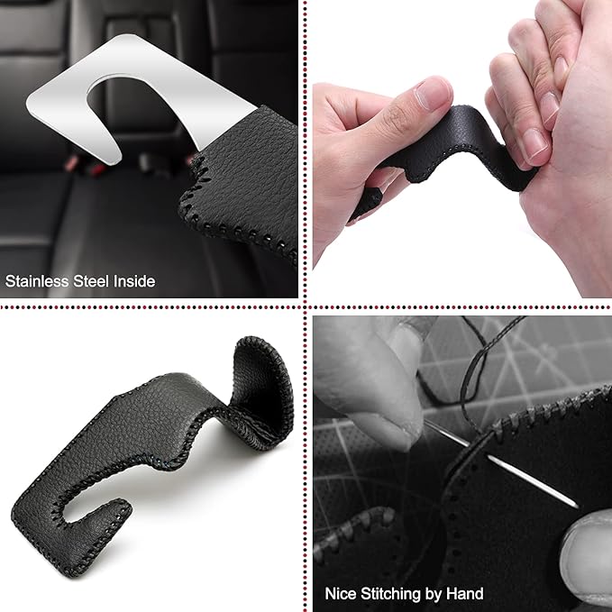 TISOHUGO Car Seat Hooks, Cars Backseat Headrest Hangers Genuine Leather Stylish Vehicle Organizer Holders for Purse Clothes Hat Grocery, 2 Pack, Gray