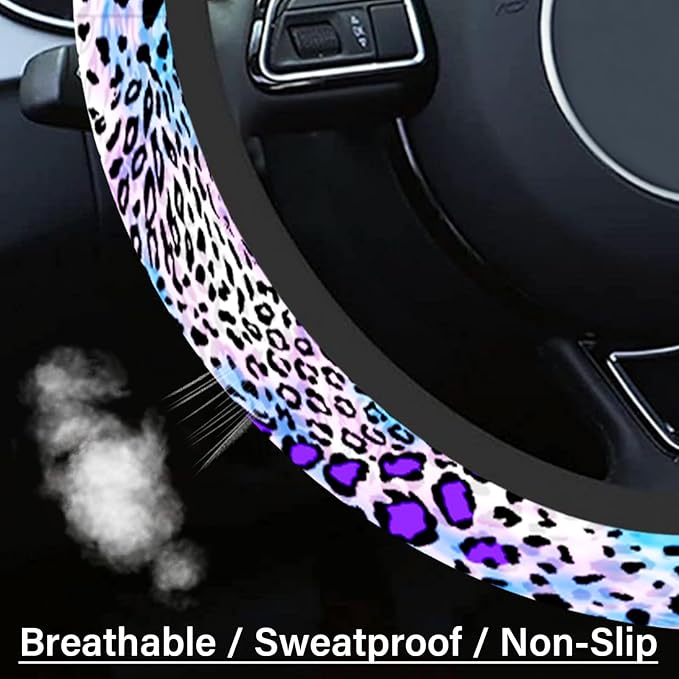 Car Steering Wheel Cover for Women Men, Non-Slip Breathable Cute Steering Wheel, Purple Leopard Steering Wheel Protector, Car Accessories, Universal 14" 02/2-15" Fit Auto, Suvs