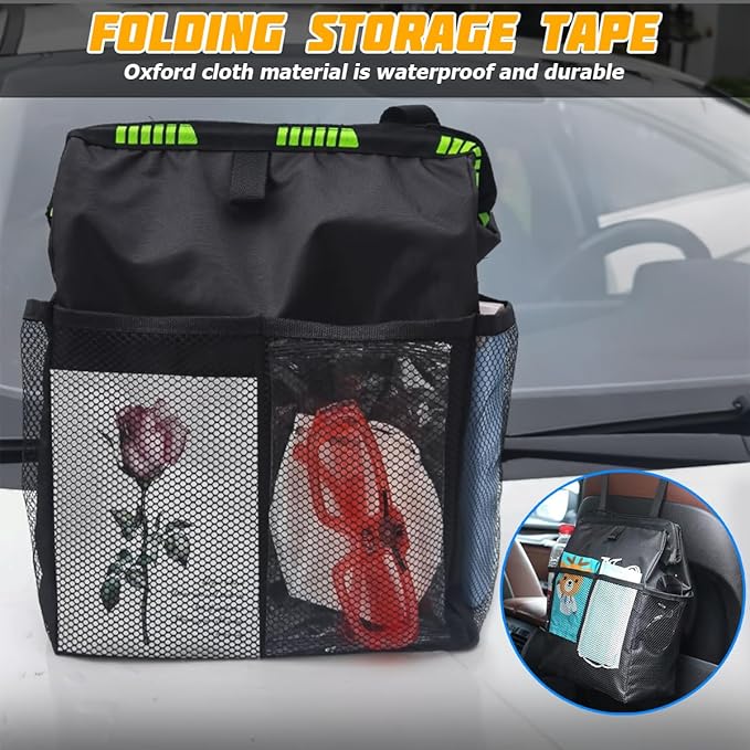 Car Trash Bag, Leak-Proof Large Capacity 3.4 Gallons Hanging Vehicle Trash Bin with Storage Pocket, Multipurpose Portable Auto Garbage Bag for Travel, Universal Fit (Black)
