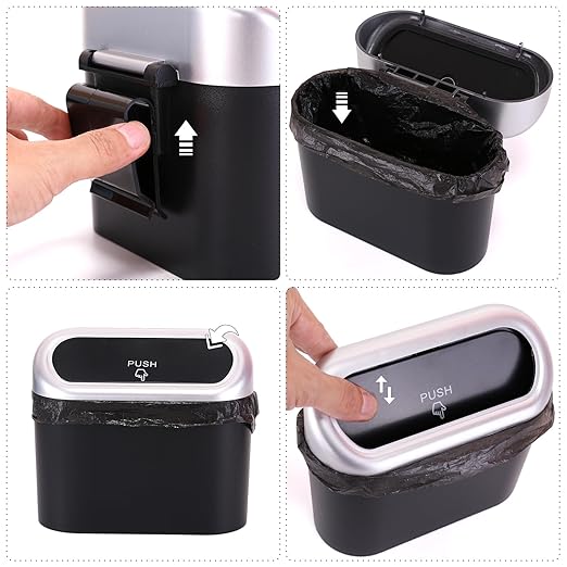 Ginsco Mini Car Trash Can with Lid, Small Car Garbage Can, Cute Leakproof ABS Car Trash Bin, Car Accessories for Interior, Garbage Bin for Car, Home, Office with 120pcs Trash Bags Black/Silver