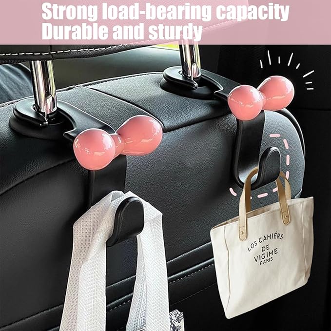 BELOMI 4PCS Car Seat Headrest Hooks, Cute Bow Vehicle Back Seat Hanger for Purses Bag, Auto Interior Backseat Storage Hanging Organizer Accessories, Universal for SUV Sedan Truck (Black)