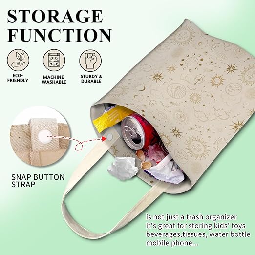 Car Trash Can, Cute Car Trash Bag, Hanging Car Organizer and Storage Bag, Trash Bin for Car Accessories, Vehicle, Travelling, Camping Cream Beige Sun