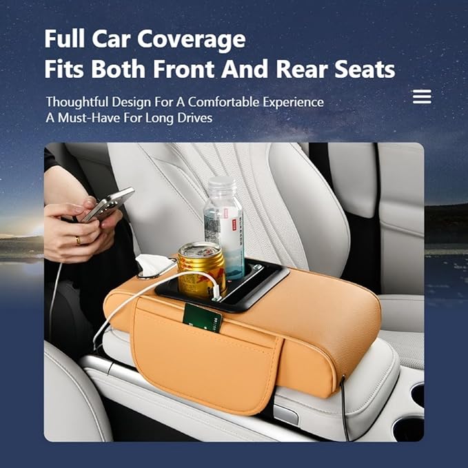 Car Armrest Pad Cover with Red Starry Sky LED Projection, Dual Type-C Charging Ports, Leather Car Center Console Cushion with Cup Holder, Tissue Holder (Red Starry Sky LED Projection, Orange)