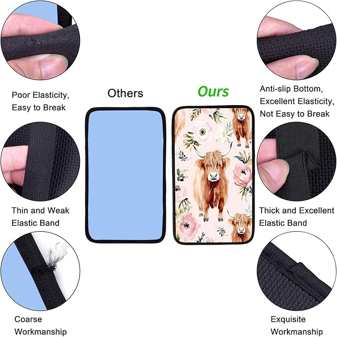 JANENFNA Car Armrest Cover Pads Universal Fashion Cute Auto Center Console Armrest Cover Pad with 2PCS Car Coasters Soft Waterproof Car Armrest Seat Protector for Women,Highland Cow with Flower