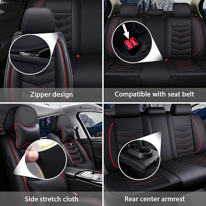 MVRVMV Luxury Car Seat Covers for Ford Explorer 2012-2026, Nappa Leather Auto Seat Cover with 2 Neck Pillows and 2 Lumbar Supports (5 Seat Luxury, Black-Red)
