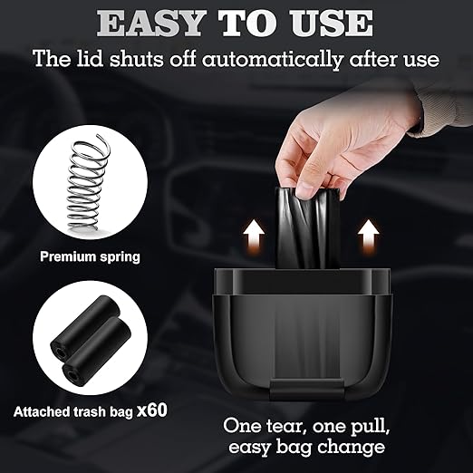 2 Packs Car Trash Can with Lid，Built-in Storage Garbage Bag，Leakproof Vehicle Trash，Car Accessories for Interior,Mini Garbage Bin for Automotive, Office, Kitchen,Bedroom，with 60pcs Trash Bags
