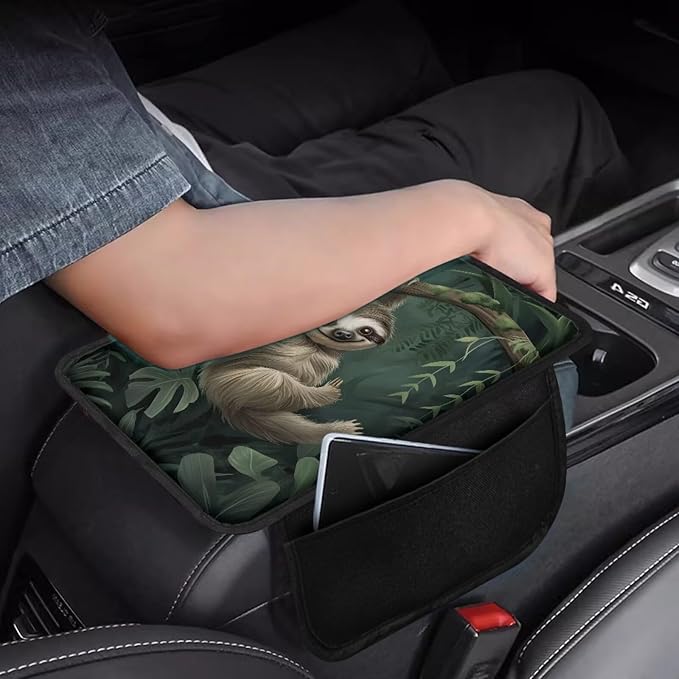 Dreaweet Car Center Console Cover with Pockets Cute Sloth Car Accessories for Women Interior,Car Arm Rest Cover Pad Universal Armrest Cover for Car Truck SUV Van