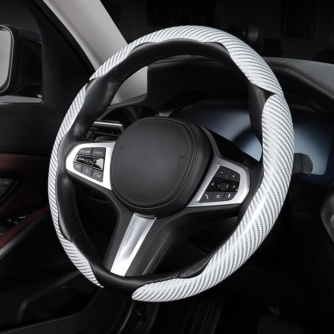 Carbon Fiber Steering Wheel Cover, Snap on Car Steering Wheel Cover Set Accessories 3pcs Wrap Grip Non Slip Protector Universal Glossy White