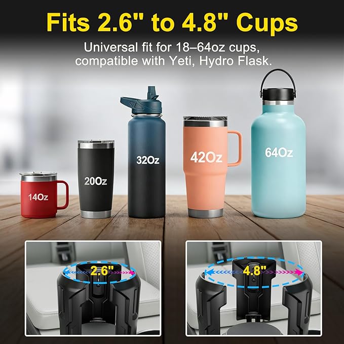 Cup Holder Expander, Upgraded Car Cup Holder Expander for Yeti, Hydro Flask, Nalgene, Takeya, Camelbak, Ramblers, Owala, Tumblers, Mugs, Bottles in 2.6"- 4.8", No Tools Required