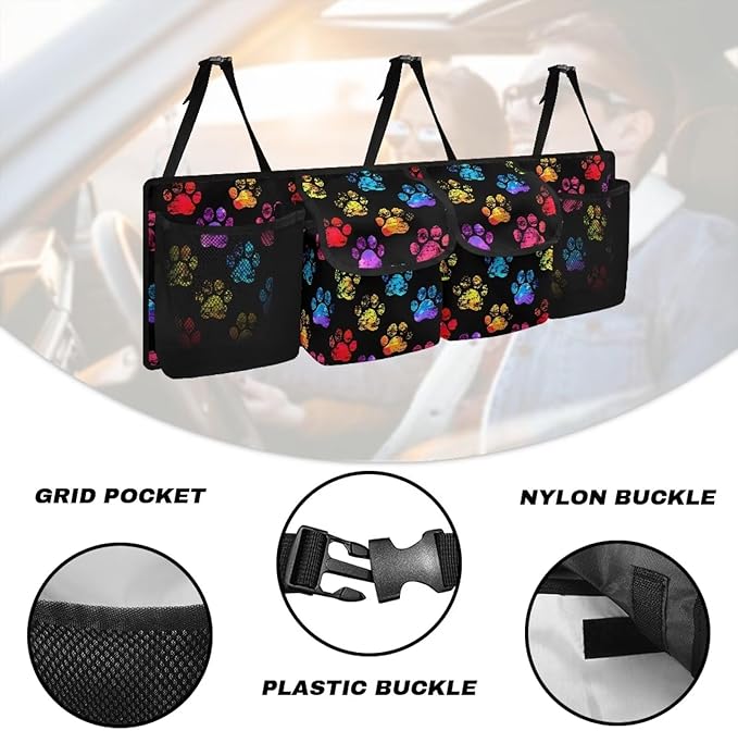 Colorful Dog Paw Car Organizer, Trunk Organizer for SUV, Car Trunk Organizer and Storage, Car Interior Accessories Backseat Hanging Organizer with 4 Pockets, Waterproof Storage Bag for Car