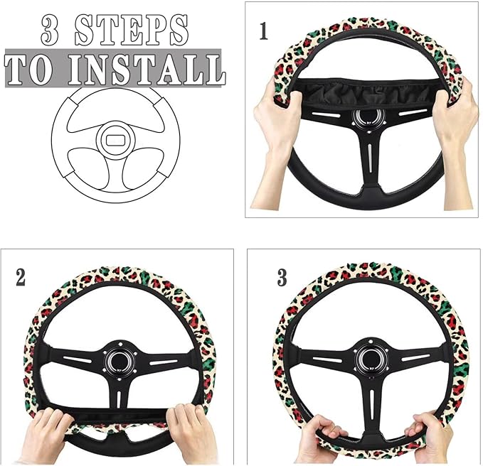 Universal Non-Slip Steering Wheel Cover, 15-inch Polyester Material Driving Accessories, Adjustable for Car and Truck(Artistic Red Green Leopard)