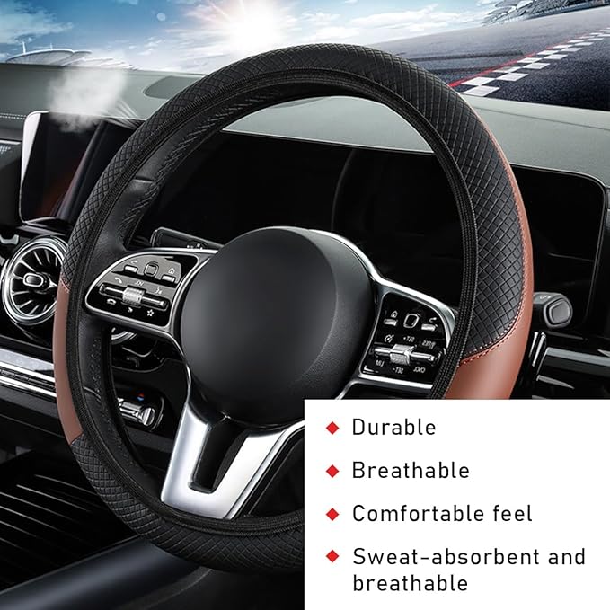 Car Steering Wheel Cover, 15 Inch Leather Breathable Auto Steering Wheel Protector, Comfortable Non-Slip Vehicle Steering Wheel Covers, Universal Interior Car Accessories (Black+Coffee, AD)