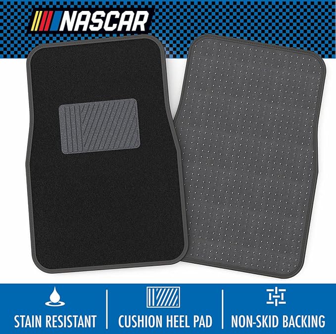 NASCAR Carpet Car Mats | 4-Piece Car Mats Full Set | Universal Fit for Cars, Trucks & SUVs | All-Weather Protection Shielding from Spills & Stains | Automotive Floor Mats w/Heel Pad | Car Rug, Black