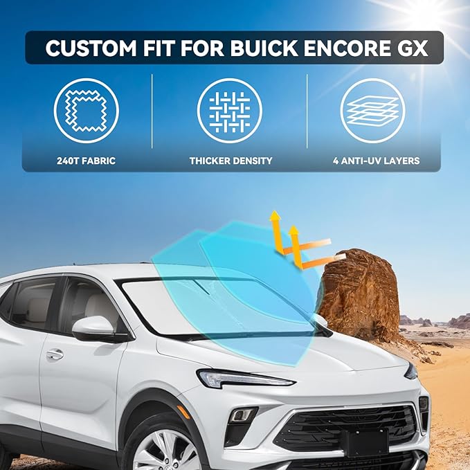 for Buick Encore GX 2020-2024 2025 2026 Windshield Sun Shade - 4 Layers Car Sunshades Front Windows Shade Cover Custom Fit for Encore Sun Visor 240T Retractable Shade Blocks UV Rays Car Accessories
