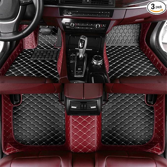 Custom Car Floor Mats Fit 96% Car Model Luxury Leather Waterproof Anti-Skid Full Coverage Liner Front Rear Mat/Set (Black Wine Red)