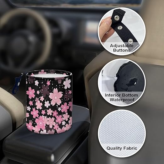 Cherry Blossom Car Garbage Can Small Trash Can with Leak Proof Inside Liner And Hanging Strap Car Organizer Portable Car Essentials for Road Trip