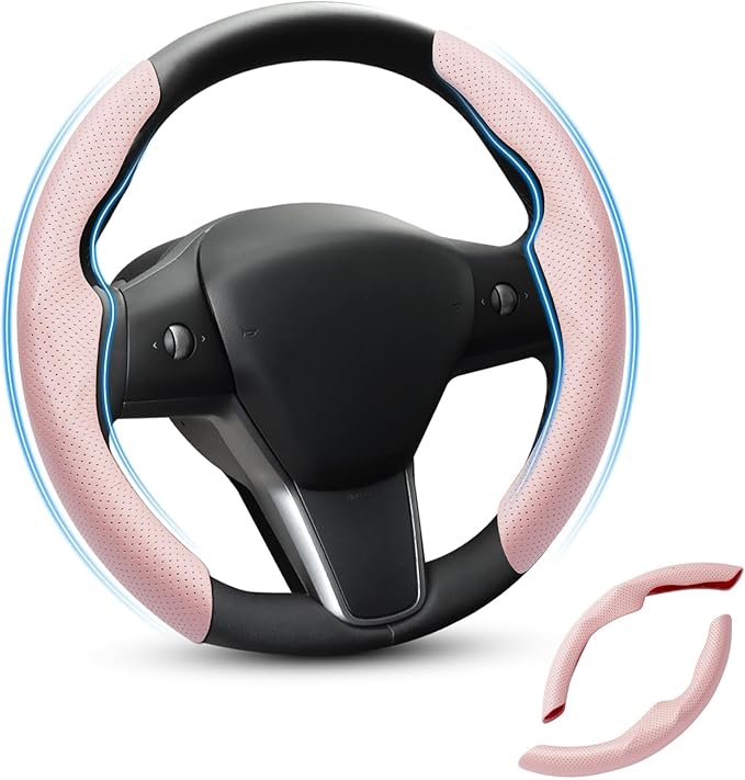 Shademax Custom-Fit for Tesla Steering Wheel Cover, Tesla Model Y / 3 2017-2025 (Fit Model Y Juniper 2026/ Model 3 Highland) Carbon Fiber Steering Wheel Cover for Tesla Model Y / 3 Accessories (Pink)