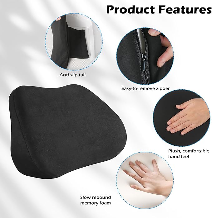 Lumbar Support Pillow for Car, Ergonomic Memory Foam Back Cushion for Driving, Seat Office Chair, Gaming Chair, Lower Back Support for Back Pain Relief, Black, 1 Pack