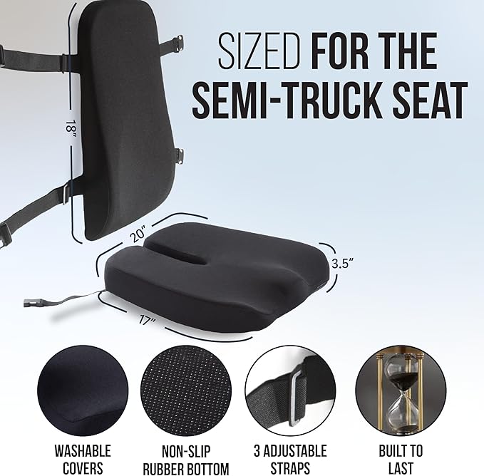 Elmara Doctor-Designed Semi-Truck Seat Cushion for Truck Driver – The Ultimate Comfort Solution for Long-Haul Drivers – Trucker Seat Cushion & Back Support – 2-Piece Ergonomic Set (Black)