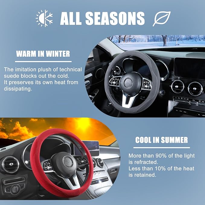 Red Suede Steering Wheel Cover, Breathable Non-Slip Sweat-Proof Wear-Resistant No Pilling, Warm in Winter and Cool in Summer, Universal 15 inch