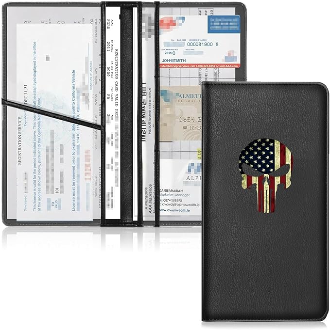 HANNHAI Leather Car Registration and Insurance Cards Holder, Vehicle Glove Box Car Organizer Documents License Compatible with American Skull Flag Auto Interior Accessories