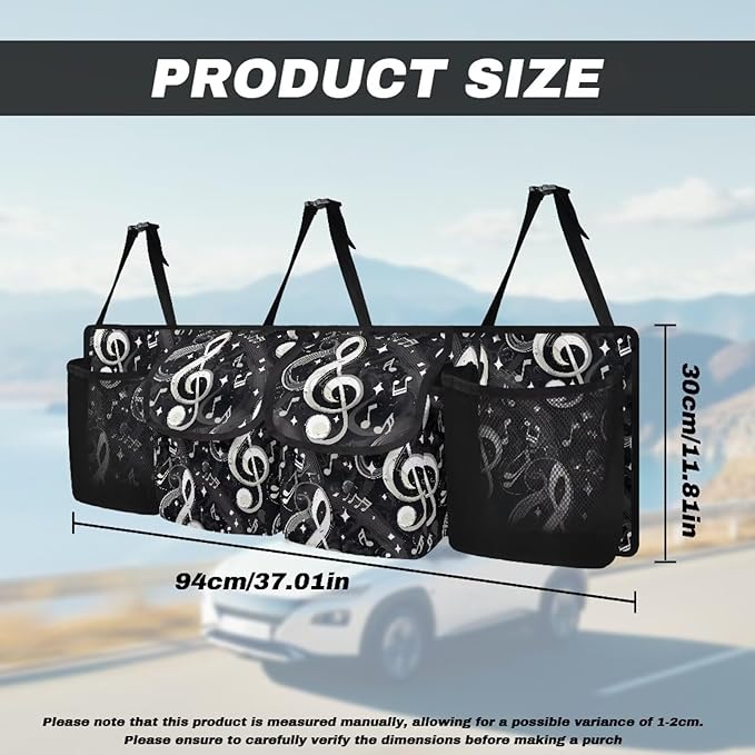 Car Trunk Organizer Backseat Hanging Organizer with Pockets, Super Capacity Storage Solution Decoration for SUVs, Trucks, Vans, and Cars,Black Music Note Treble Clef Art
