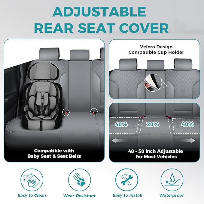 FEINEPRO Grey Car Seat Covers Full Set - Breathable Faux Leather Universal 5 Seat Covers for Cars, Automotive Protector Fit for Most Sedan SUV Pick-up Truck